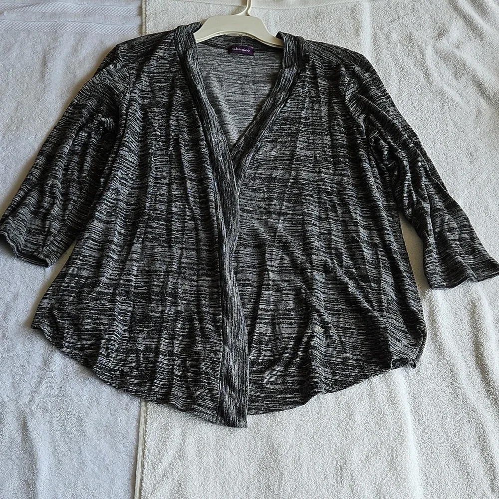 aubergine Striped Knit Open Cardigan Sweater Gray Black 3/4‎ Sleeve Women
